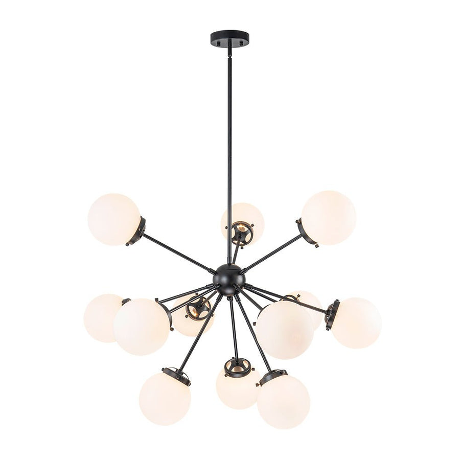 Farmhouze Light - Mid Century 12 - Light White Glass Globe Bubble Sunburst Chandelier - Chandelier - Black - 