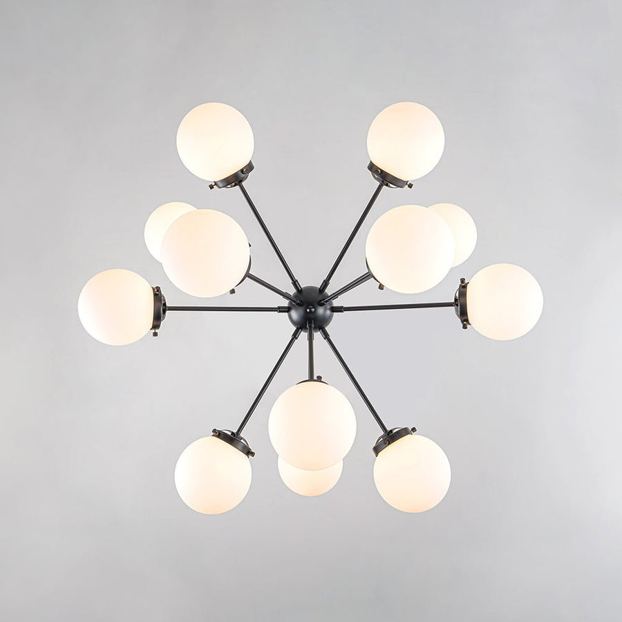 Farmhouze Light - Mid Century 12 - Light White Glass Globe Bubble Sunburst Chandelier - Chandelier - Black - 