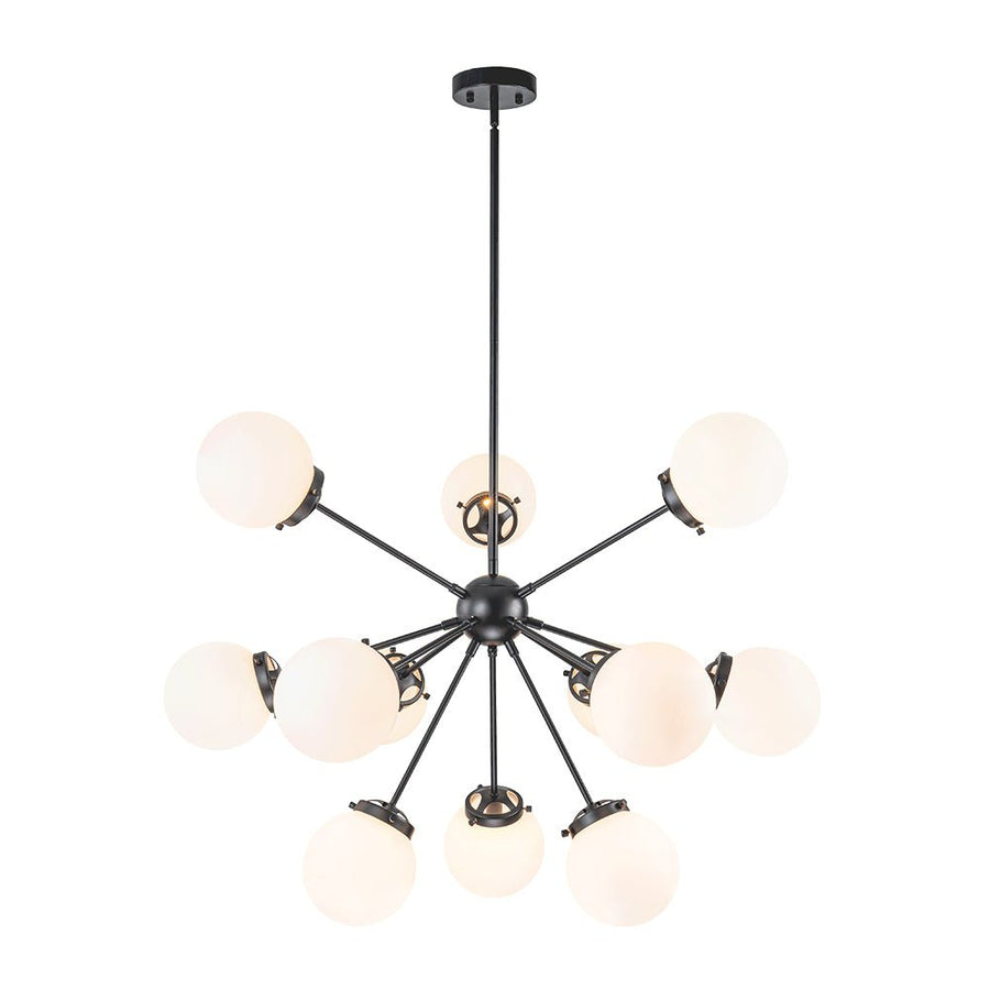 Farmhouze Light - Mid Century 12 - Light White Glass Globe Bubble Sunburst Chandelier - Chandelier - Black - 