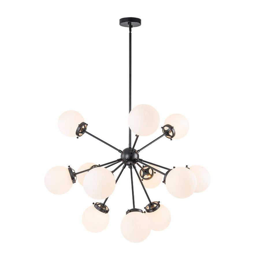 Farmhouze Light - Mid Century 12 - Light White Glass Globe Bubble Sunburst Chandelier - Chandelier - Black - 