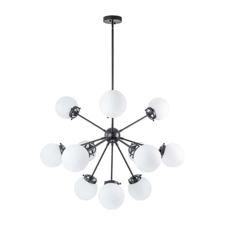 Farmhouze Light - Mid Century 12 - Light White Glass Globe Bubble Sunburst Chandelier - Chandelier - Black - 