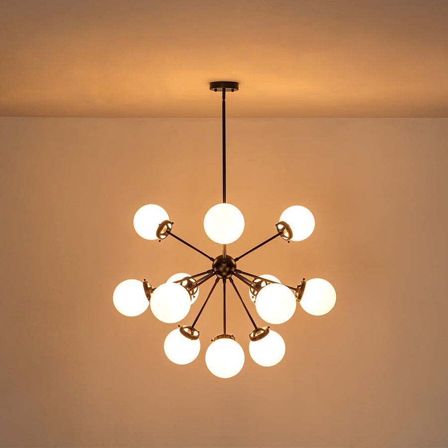 Farmhouze Light - Mid Century 12 - Light White Glass Globe Bubble Sunburst Chandelier - Chandelier - Black - 