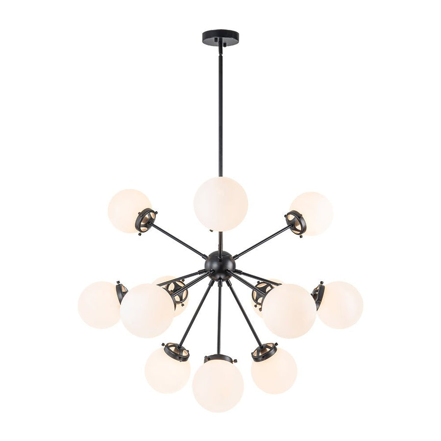 Farmhouze Light - Mid Century 12 - Light White Glass Globe Bubble Sunburst Chandelier - Chandelier - Black - 