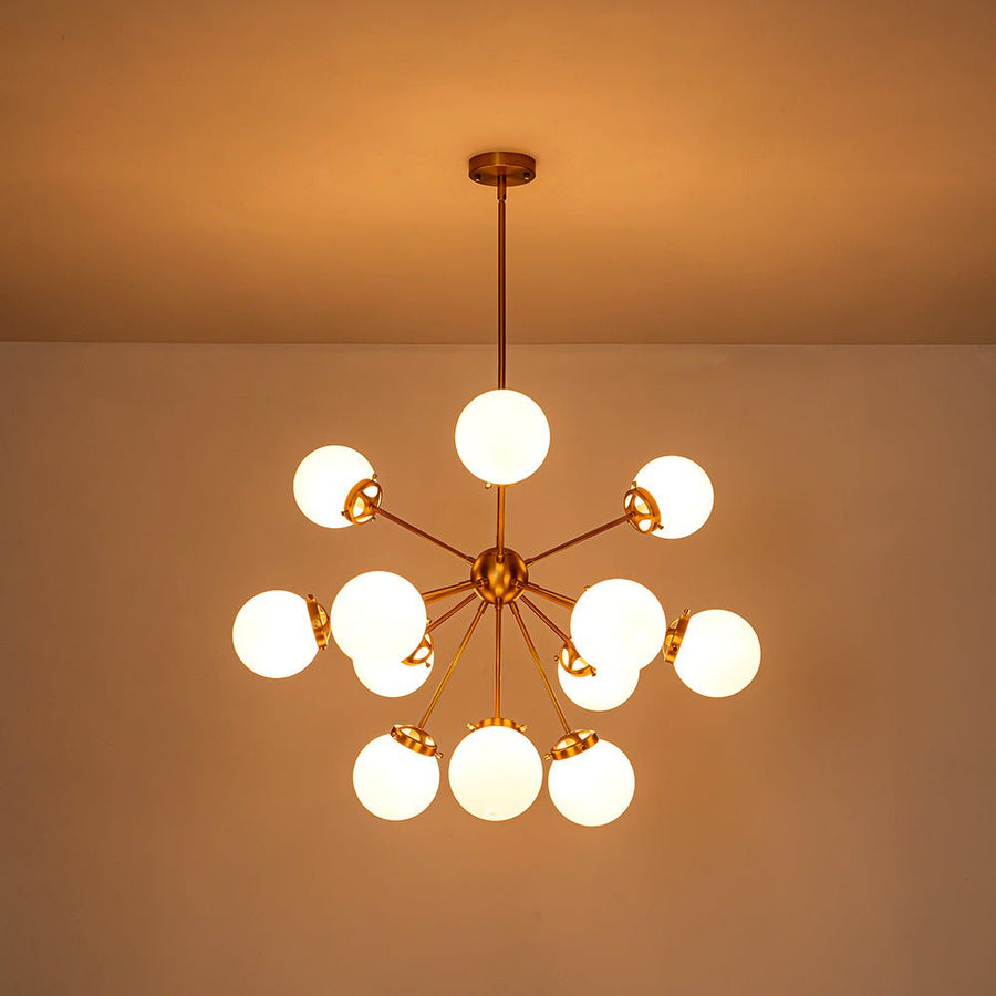 Farmhouze Light - Mid Century 12 - Light White Glass Globe Bubble Sunburst Chandelier - Chandelier - Black - 