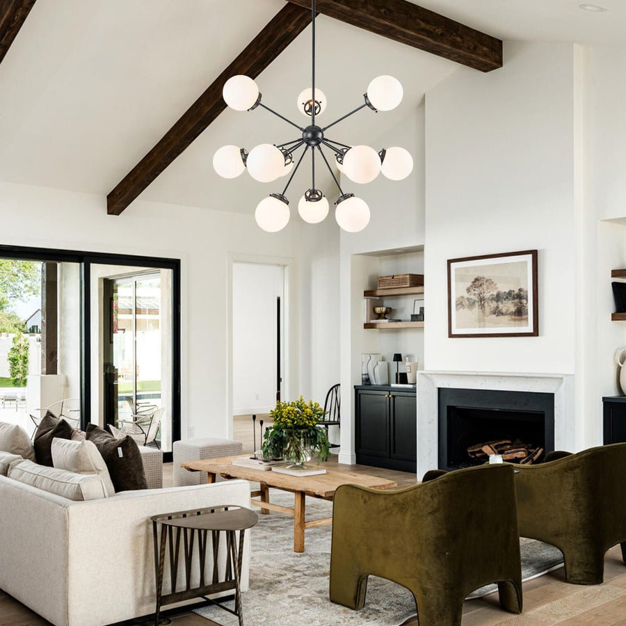 Farmhouze Light - Mid Century 12 - Light White Glass Globe Bubble Sunburst Chandelier - Chandelier - Black - 