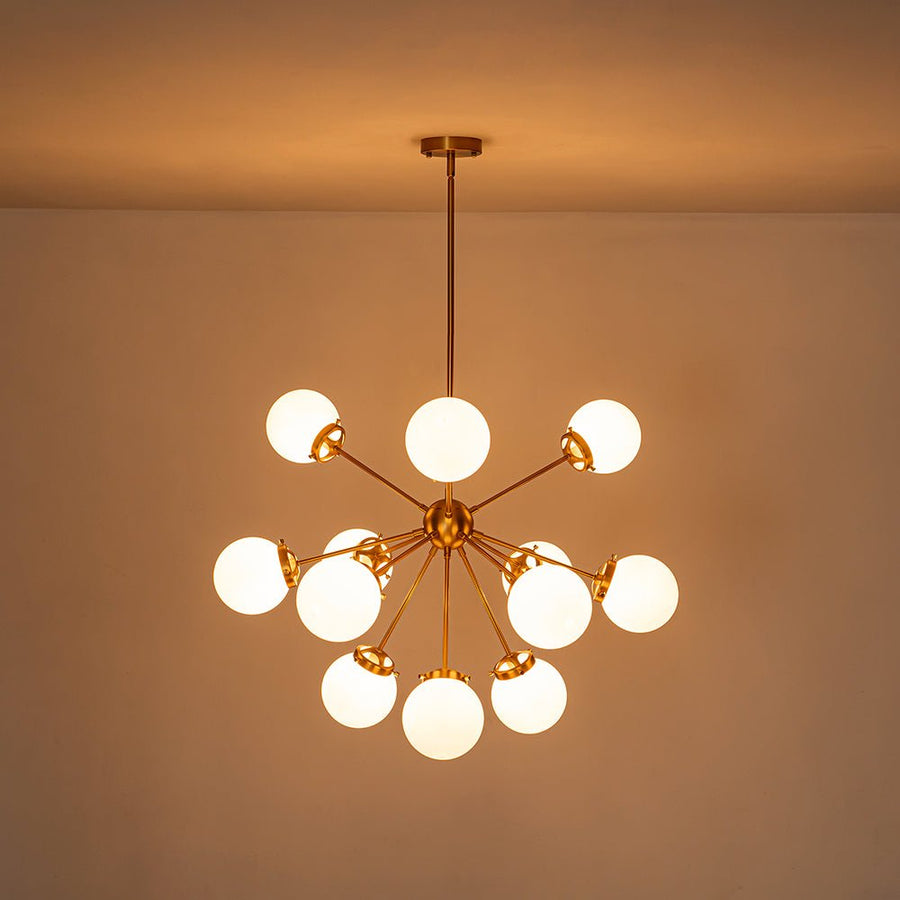 Farmhouze Light - Mid Century 12 - Light White Glass Globe Bubble Sunburst Chandelier - Chandelier - Black - 