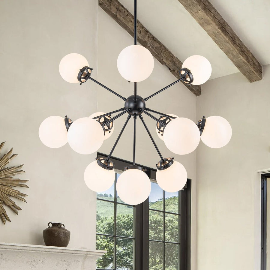 Farmhouze Light - Mid Century 12 - Light White Glass Globe Bubble Sunburst Chandelier - Chandelier - Black - 