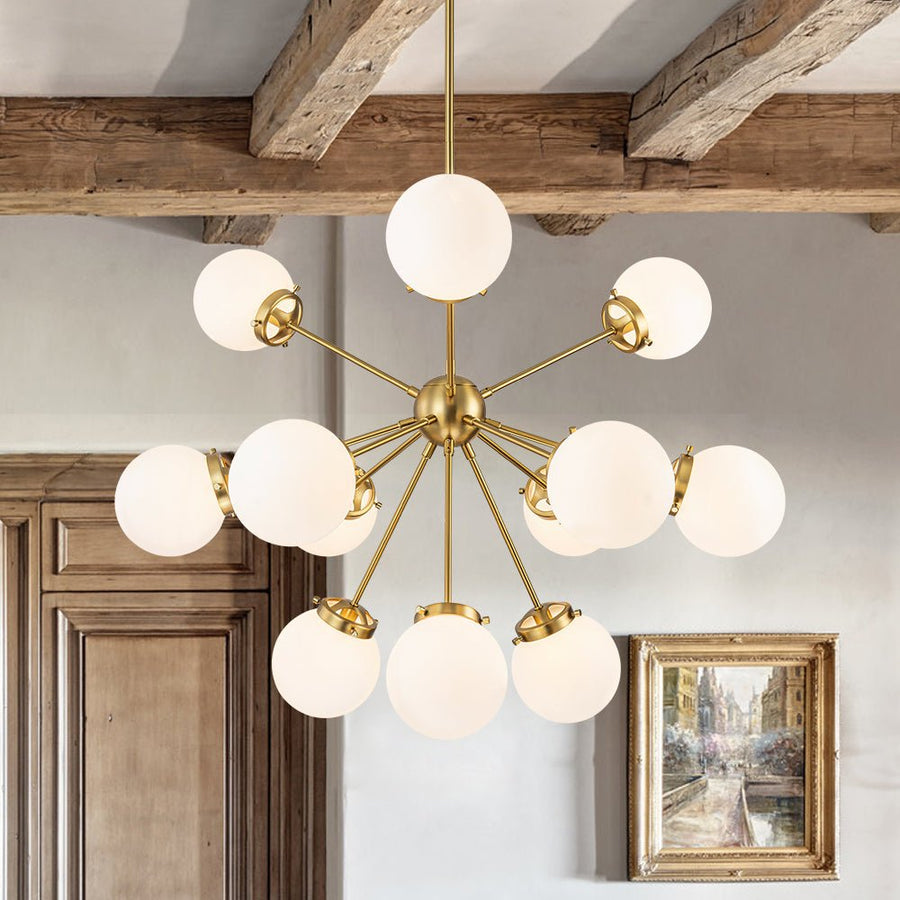 Farmhouze Light - Mid Century 12 - Light White Glass Globe Bubble Sunburst Chandelier - Chandelier - Brass - 