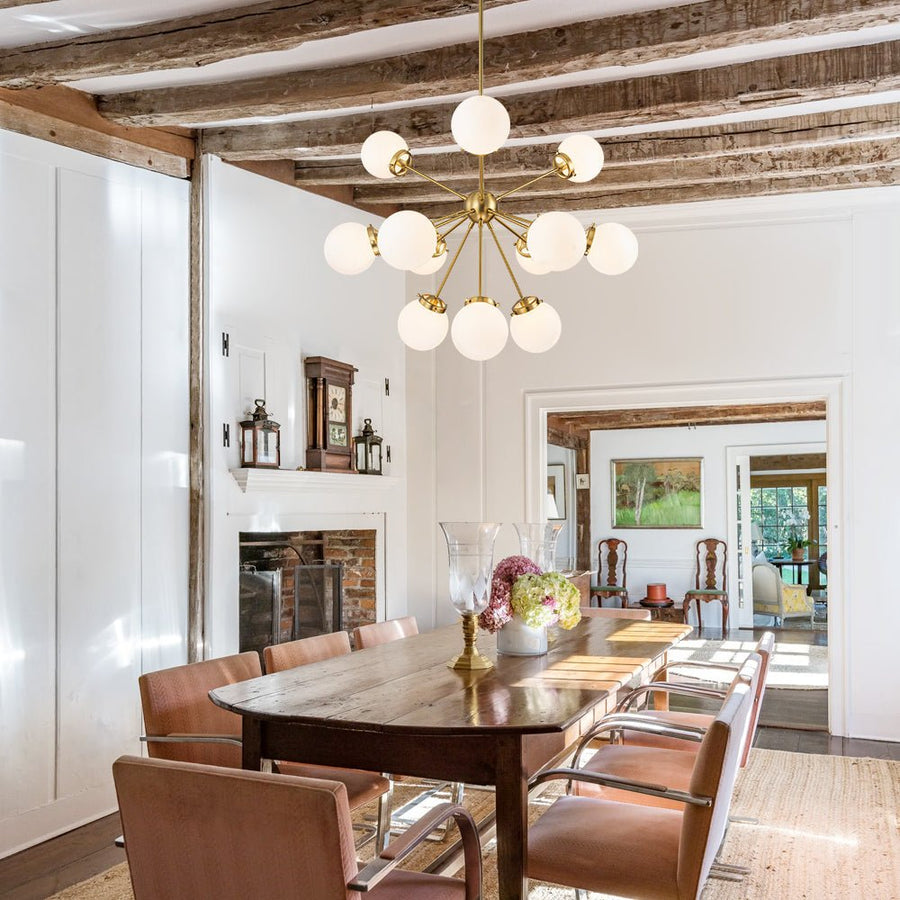 Farmhouze Light - Mid Century 12 - Light White Glass Globe Bubble Sunburst Chandelier - Chandelier - Brass - 