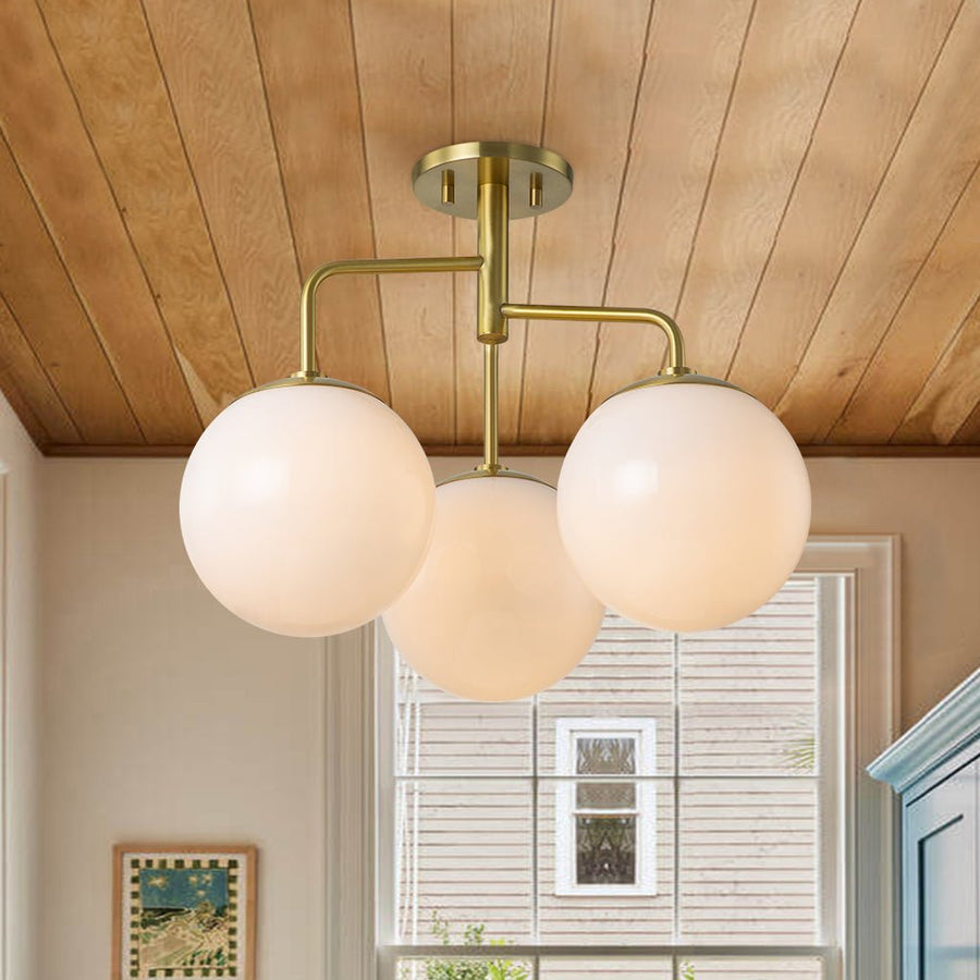 Farmhouze Light - Mid Century 3 - Light Milky Glass Globe Semi Flush Mount - Ceiling Light - 4 Bulbs - 