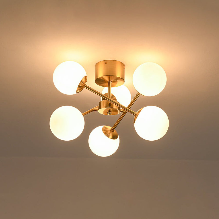 Farmhouze Light - Mid - Century Brass Frosted Glass Globe Sputnik Ceiling Light - Chandelier - Brass - 