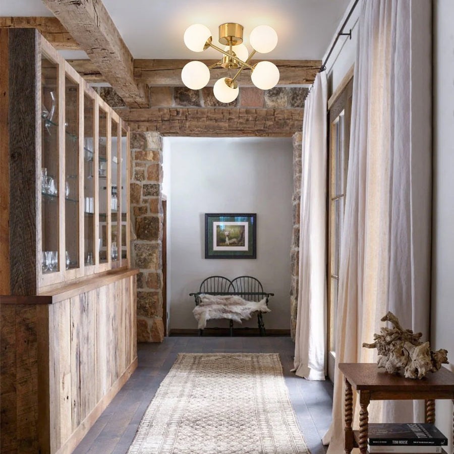 Farmhouze Light - Mid - Century Brass Frosted Glass Globe Sputnik Ceiling Light - Chandelier - Brass - 