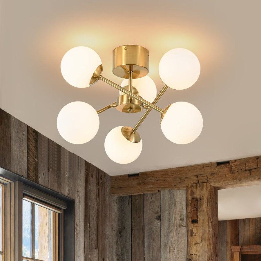 Farmhouze Light - Mid - Century Brass Frosted Glass Globe Sputnik Ceiling Light - Chandelier - Brass - 
