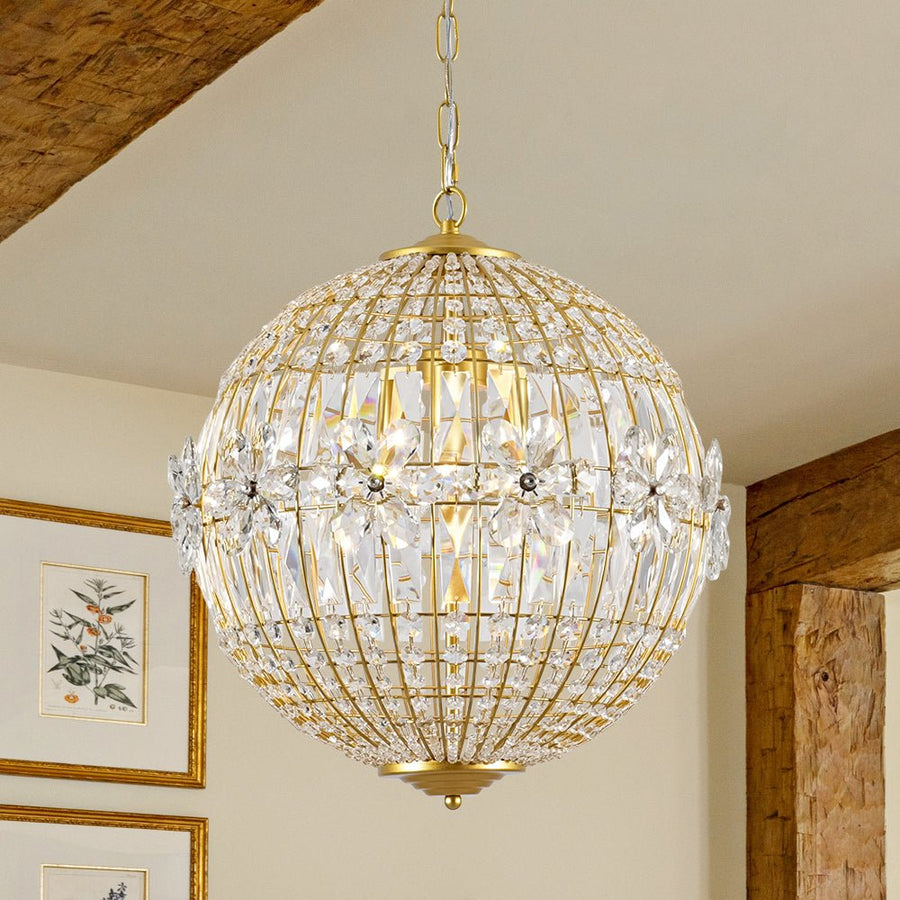 Farmhouze Light - Mid - Century Glam Gold Flower Accented Crystal Orb Chandelier - Chandelier - 18 in. - 