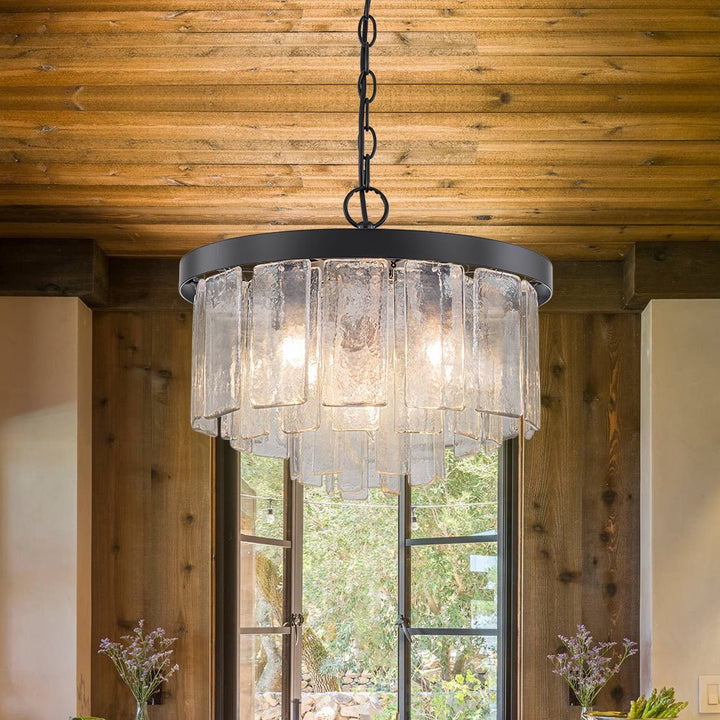 Farmhouze Light - Mid - Century Glam Tiered Water Textured Glass Chandelier - Chandelier - Black - 