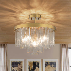 Farmhouze Light - Mid - Century Glam Tiered Water Textured Glass Chandelier - Chandelier - Brass - 