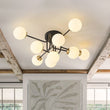 Load image into Gallery viewer, Farmhouze Light - Mid - Century Milky Glass Bubble Sputnik Semi Flush Mount - Ceiling Light - Black + Brass - 
