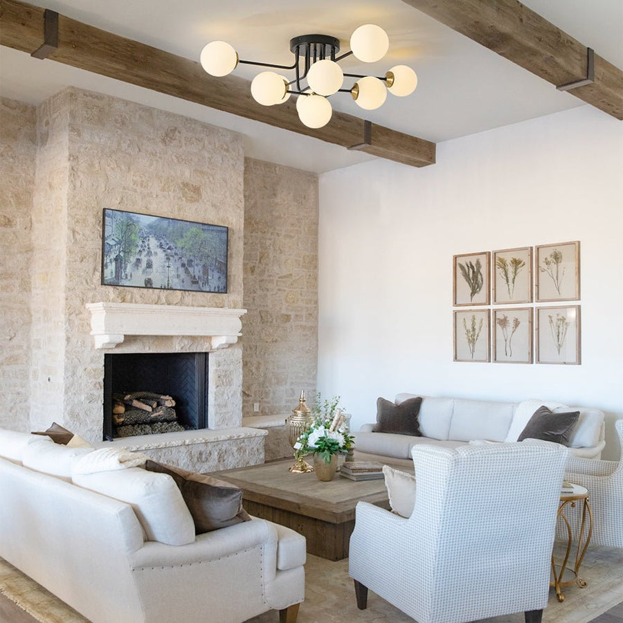 Farmhouze Light - Mid - Century Milky Glass Bubble Sputnik Semi Flush Mount - Ceiling Light - Black + Brass - 