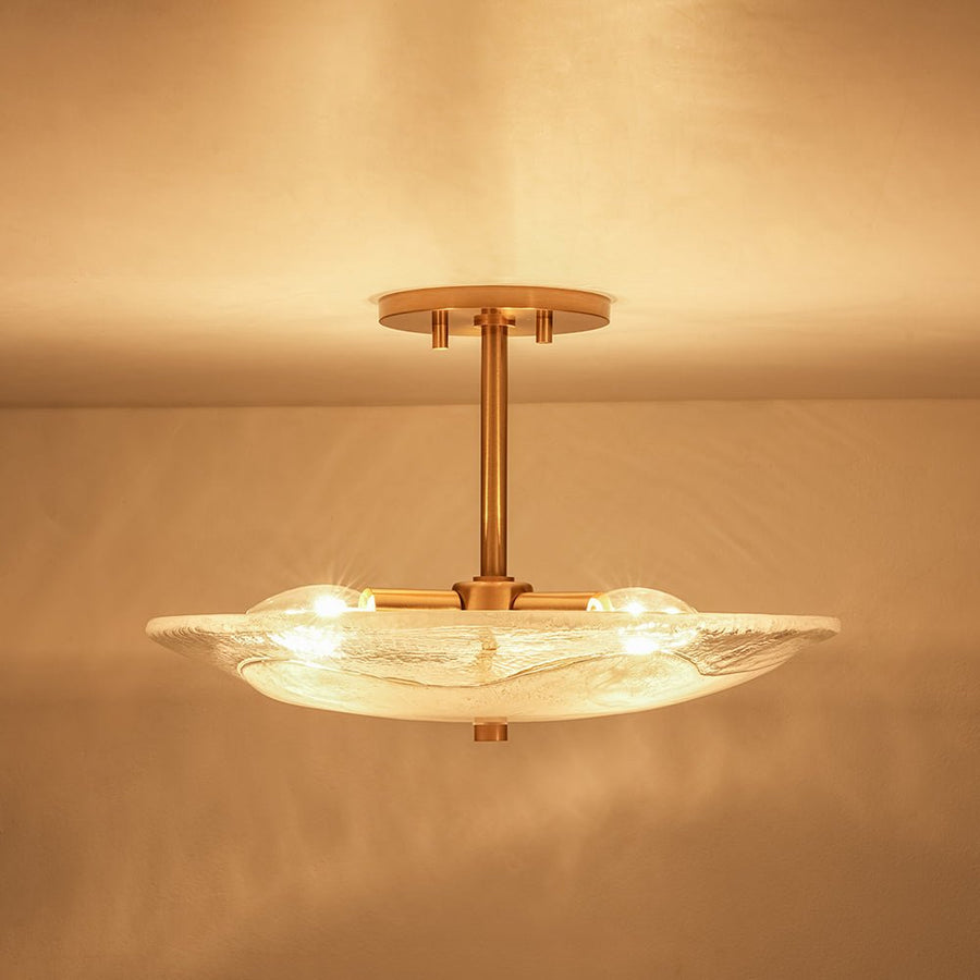 Bofea-Tea Brown Glass Semi-Flush Mount Ceiling Light – Mid-Century Brass With Wood Base, 6.69" Mini Hallway Light, E26, Farmhouse Style