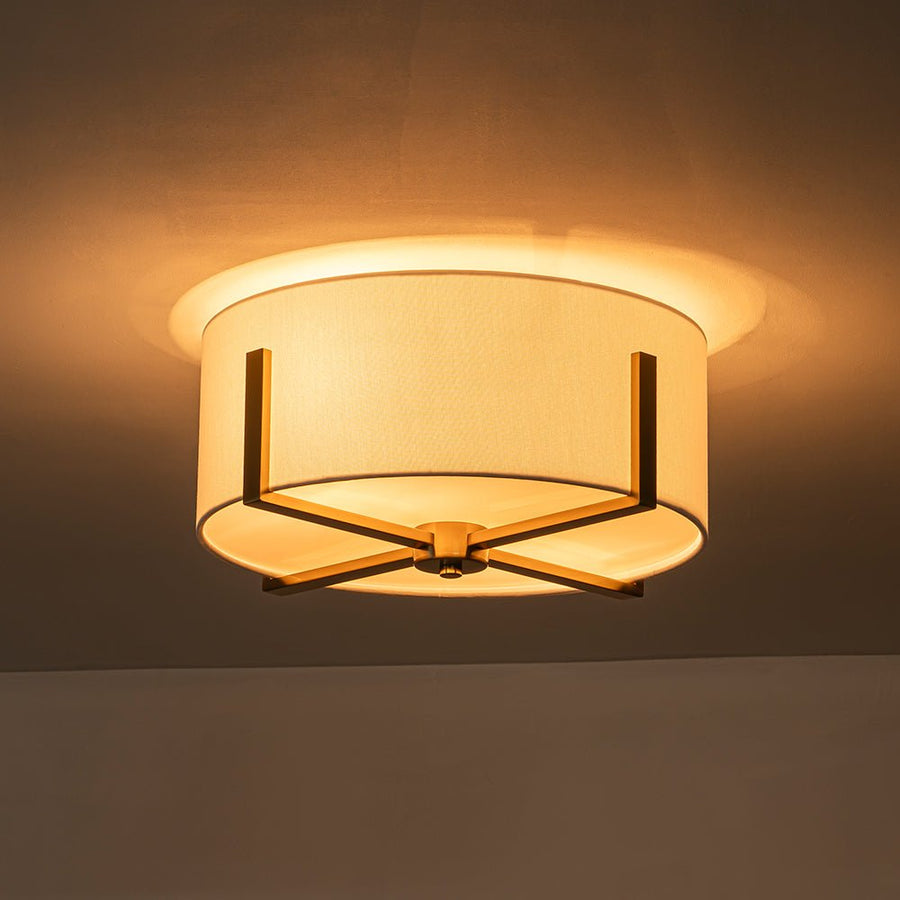 Farmhouze Light - Modern 2 - Light White Fabric Drum Flush Ceiling Light - Ceiling Light - Brass - 