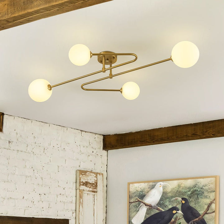 Farmhouze Light - Modern 4 - Light Milky Glass Globe Linear Sputnik Ceiling Light - Ceiling Light - Brass - 