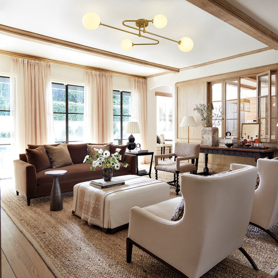 Farmhouze Light - Modern 4 - Light Milky Glass Globe Linear Sputnik Ceiling Light - Ceiling Light - Brass - 