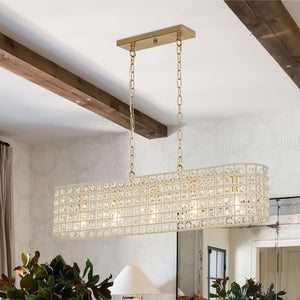 Farmhouze Light - Modern 5 - Light Crystal Accented Oblong Cage Kitchen Island Pendant - Chandelier - Brass - 