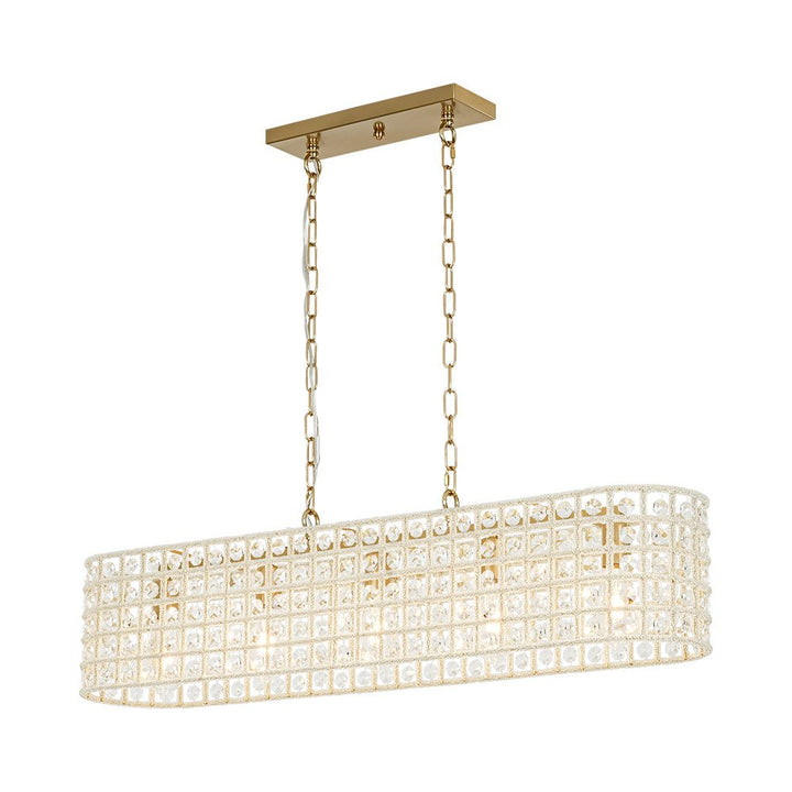Farmhouze Light - Modern 5 - Light Crystal Accented Oblong Cage Kitchen Island Pendant - Chandelier - Brass - 