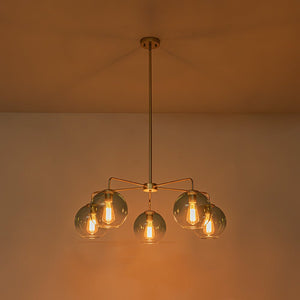 Farmhouze Light - Modern 5 - Light Glass Globe Bubble Round Sputnik Chandelier - Chandelier - Blue + Brass - 
