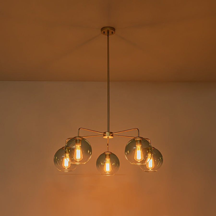 Farmhouze Light - Modern 5 - Light Glass Globe Bubble Round Sputnik Chandelier - Chandelier - Blue + Brass - 