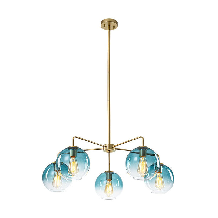Farmhouze Light - Modern 5 - Light Glass Globe Bubble Round Sputnik Chandelier - Chandelier - Blue + Brass - 