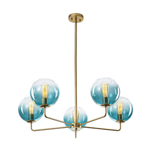 Farmhouze Light - Modern 5 - Light Glass Globe Bubble Round Sputnik Chandelier - Chandelier - Blue + Brass - 