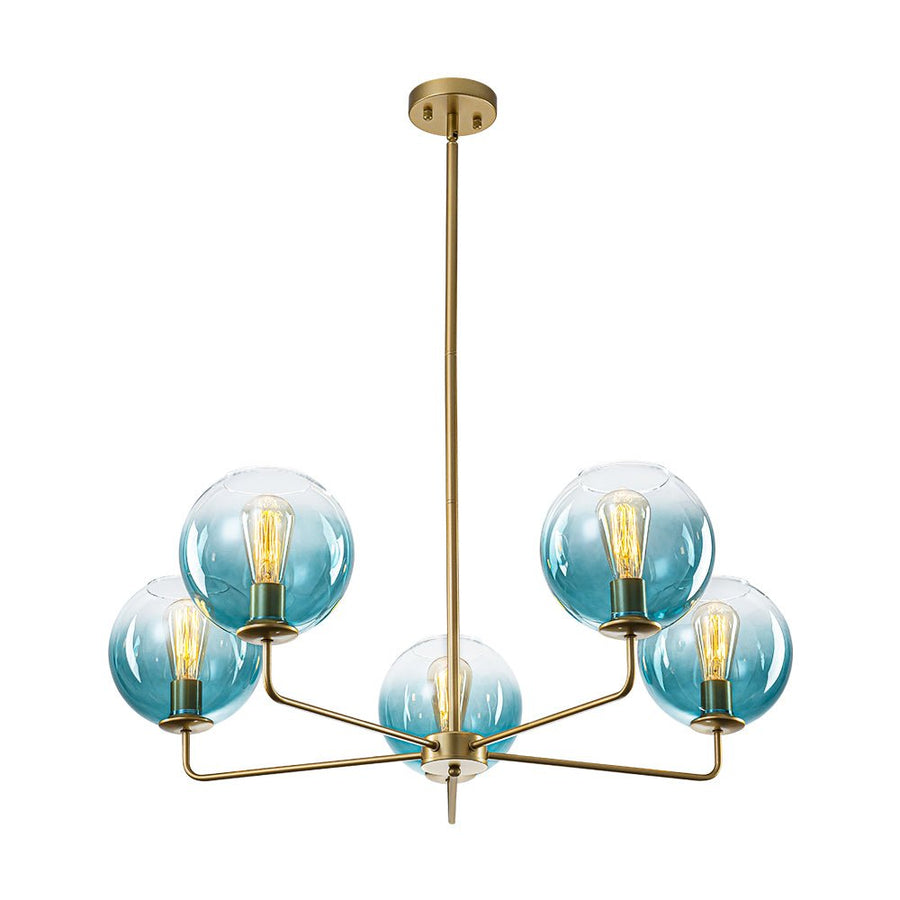 Farmhouze Light - Modern 5 - Light Glass Globe Bubble Round Sputnik Chandelier - Chandelier - Blue + Brass - 