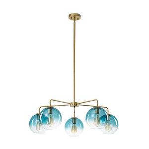 Farmhouze Light - Modern 5 - Light Glass Globe Bubble Round Sputnik Chandelier - Chandelier - Blue + Brass - 