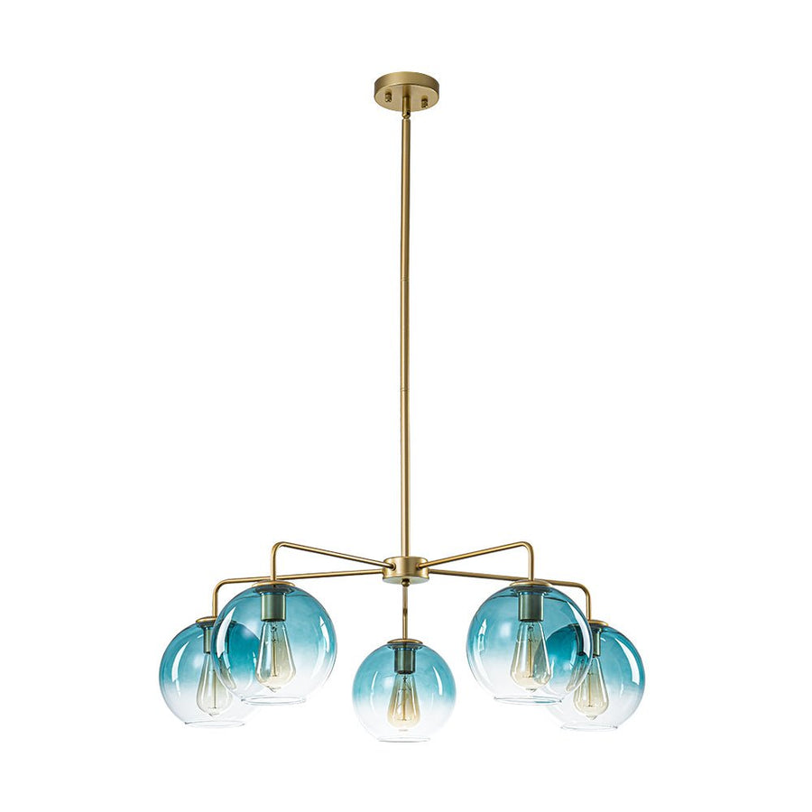 Farmhouze Light - Modern 5 - Light Glass Globe Bubble Round Sputnik Chandelier - Chandelier - Blue + Brass - 