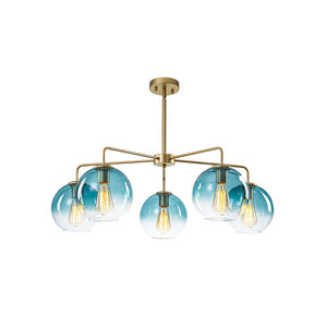 Farmhouze Light - Modern 5 - Light Glass Globe Bubble Round Sputnik Chandelier - Chandelier - Blue + Brass - 