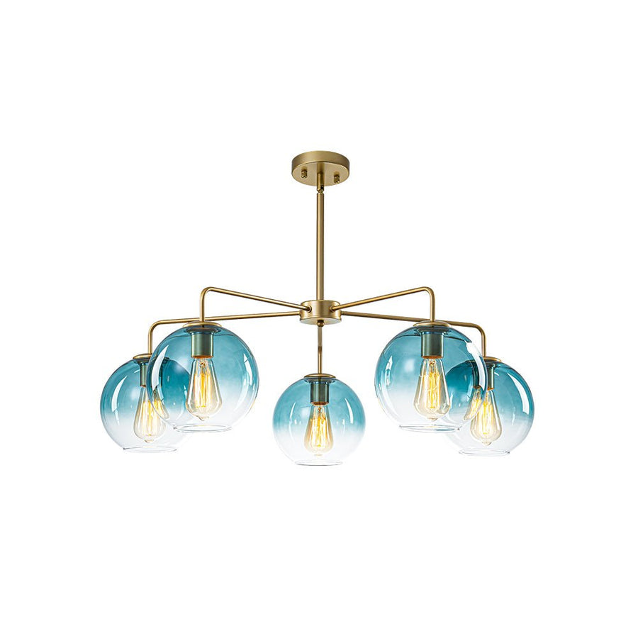 Farmhouze Light - Modern 5 - Light Glass Globe Bubble Round Sputnik Chandelier - Chandelier - Blue + Brass - 