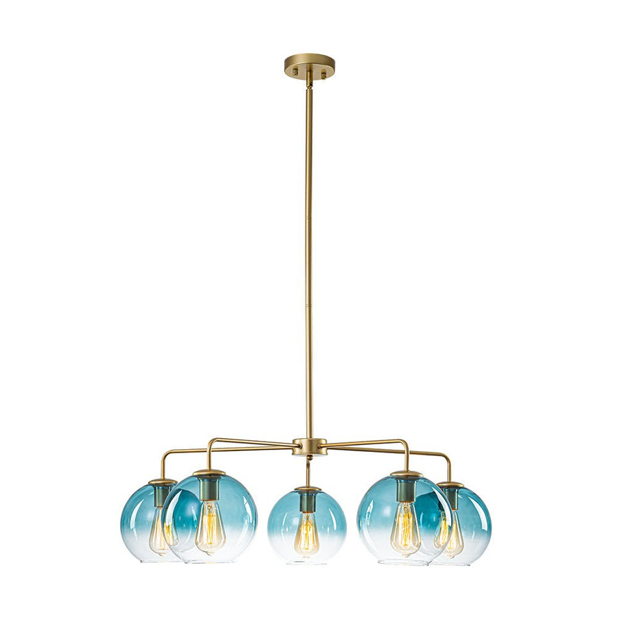 Farmhouze Light - Modern 5 - Light Glass Globe Bubble Round Sputnik Chandelier - Chandelier - Blue + Brass - 