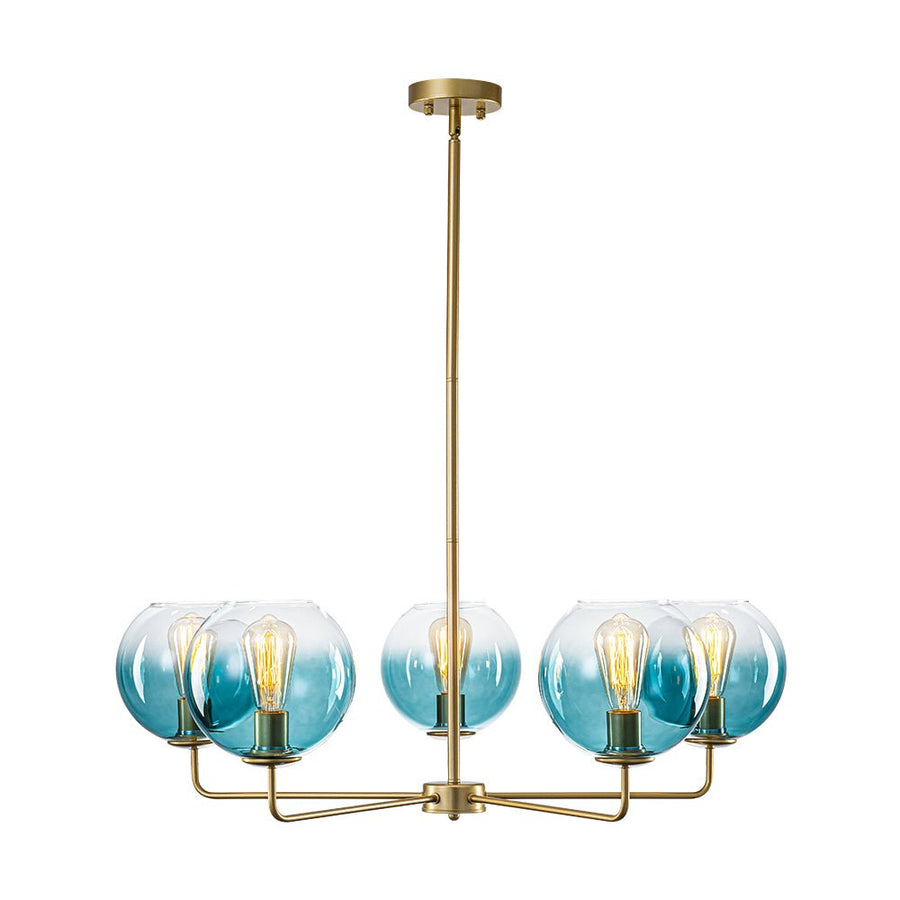 Farmhouze Light - Modern 5 - Light Glass Globe Bubble Round Sputnik Chandelier - Chandelier - Blue + Brass - 