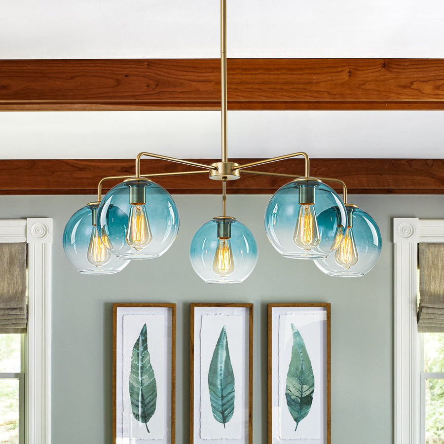 Farmhouze Light - Modern 5 - Light Glass Globe Bubble Round Sputnik Chandelier - Chandelier - Blue + Brass - 