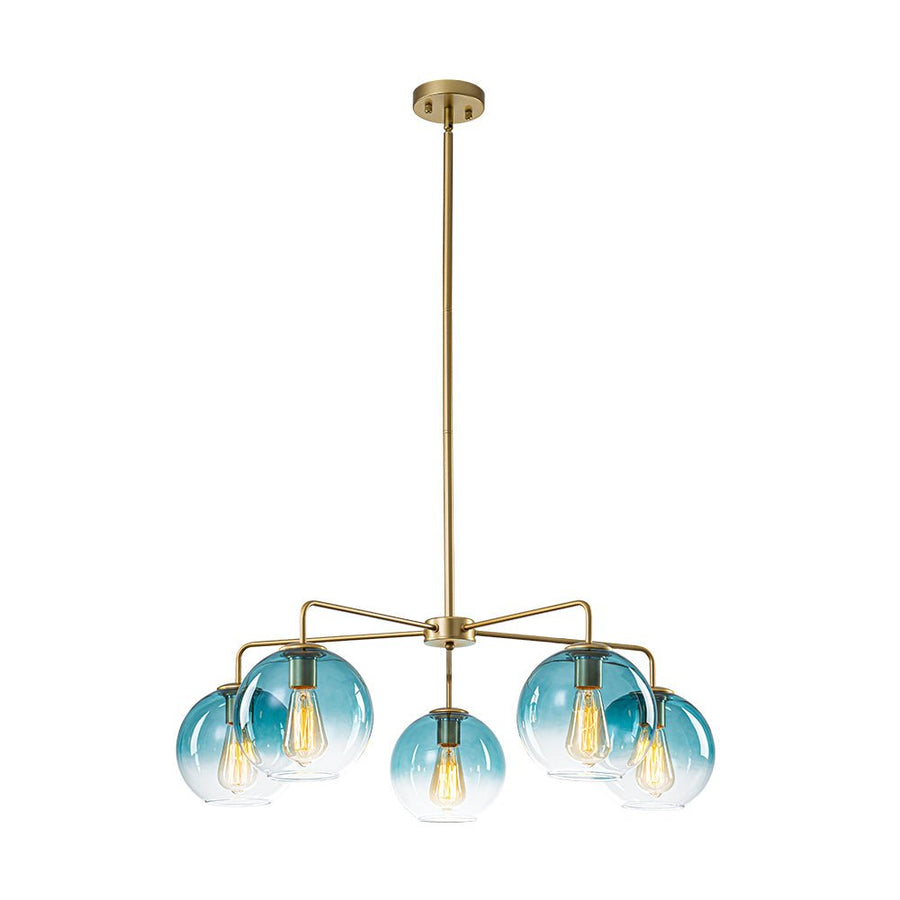 Farmhouze Light - Modern 5 - Light Glass Globe Bubble Round Sputnik Chandelier - Chandelier - Blue + Brass - 