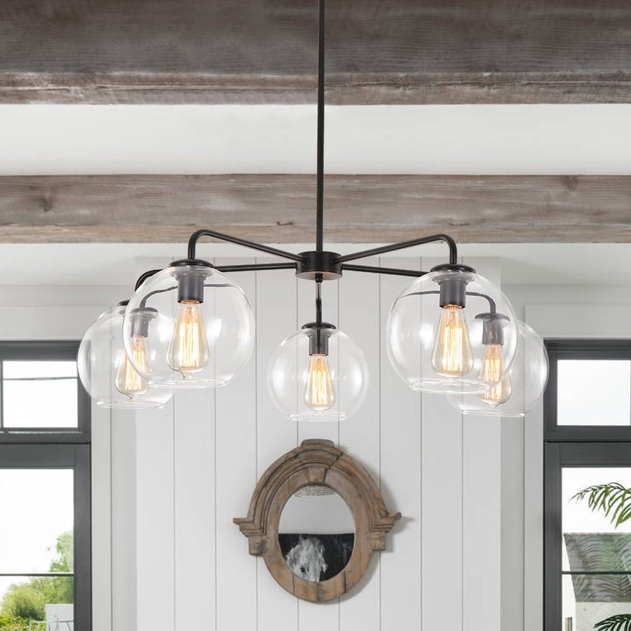 Farmhouze Light - Modern 5 - Light Glass Globe Bubble Round Sputnik Chandelier - Chandelier - Clear + Black - 
