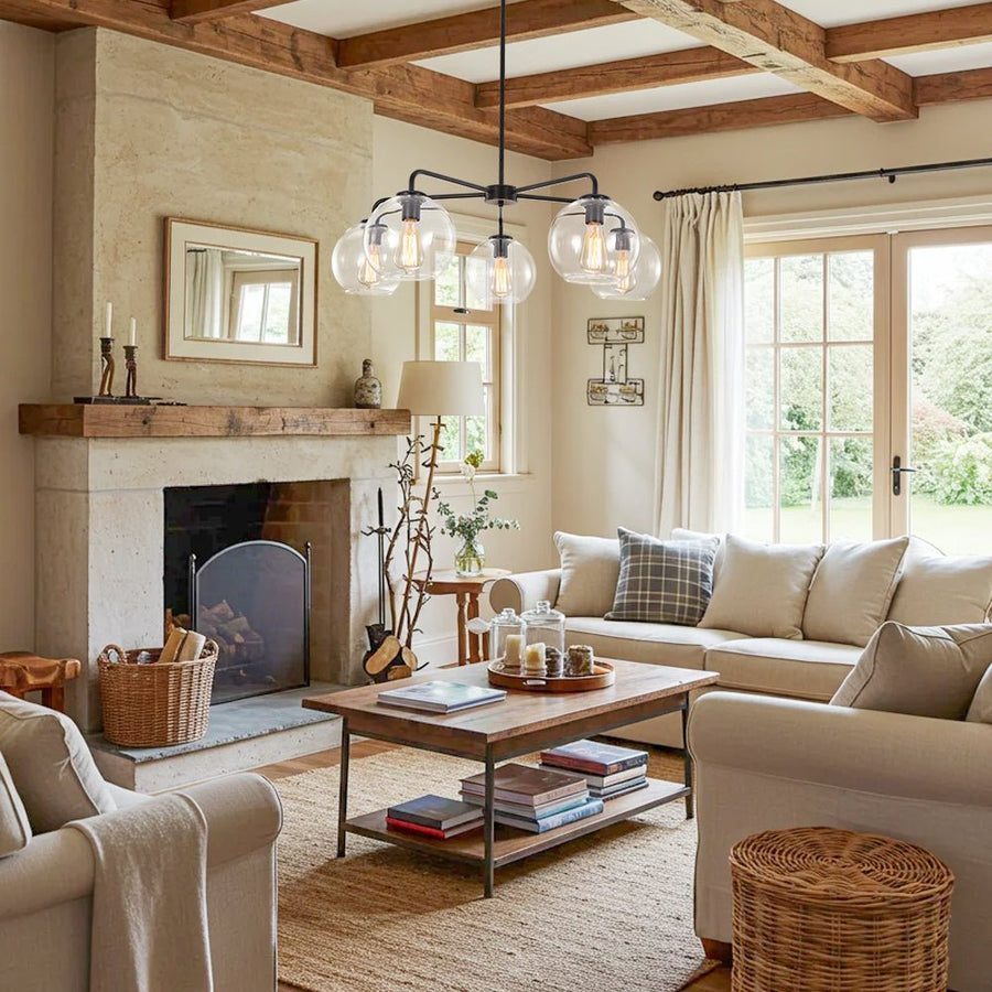 Farmhouze Light - Modern 5 - Light Glass Globe Bubble Round Sputnik Chandelier - Chandelier - Clear + Brass - 