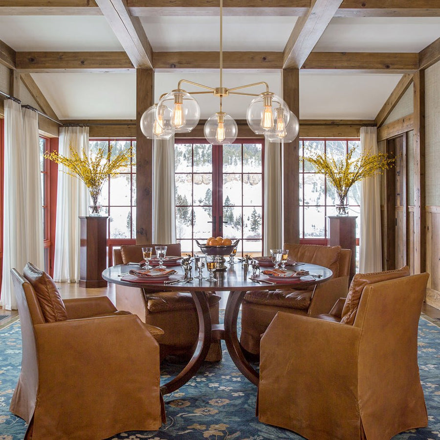 Farmhouze Light - Modern 5 - Light Glass Globe Bubble Round Sputnik Chandelier - Chandelier - Clear + Brass - 