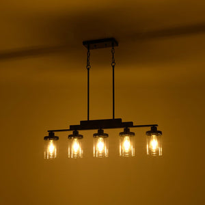 Farmhouze Light - Modern 5 - Light Glass Shade Linear Island Pendant / Semi Flush - Chandelier - Black - 
