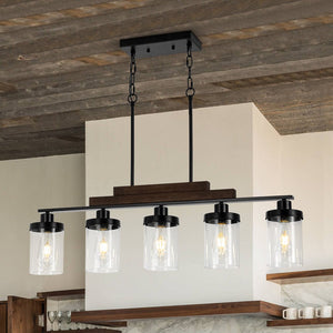 Farmhouze Light - Modern 5 - Light Glass Shade Linear Island Pendant / Semi Flush - Chandelier - Black - 
