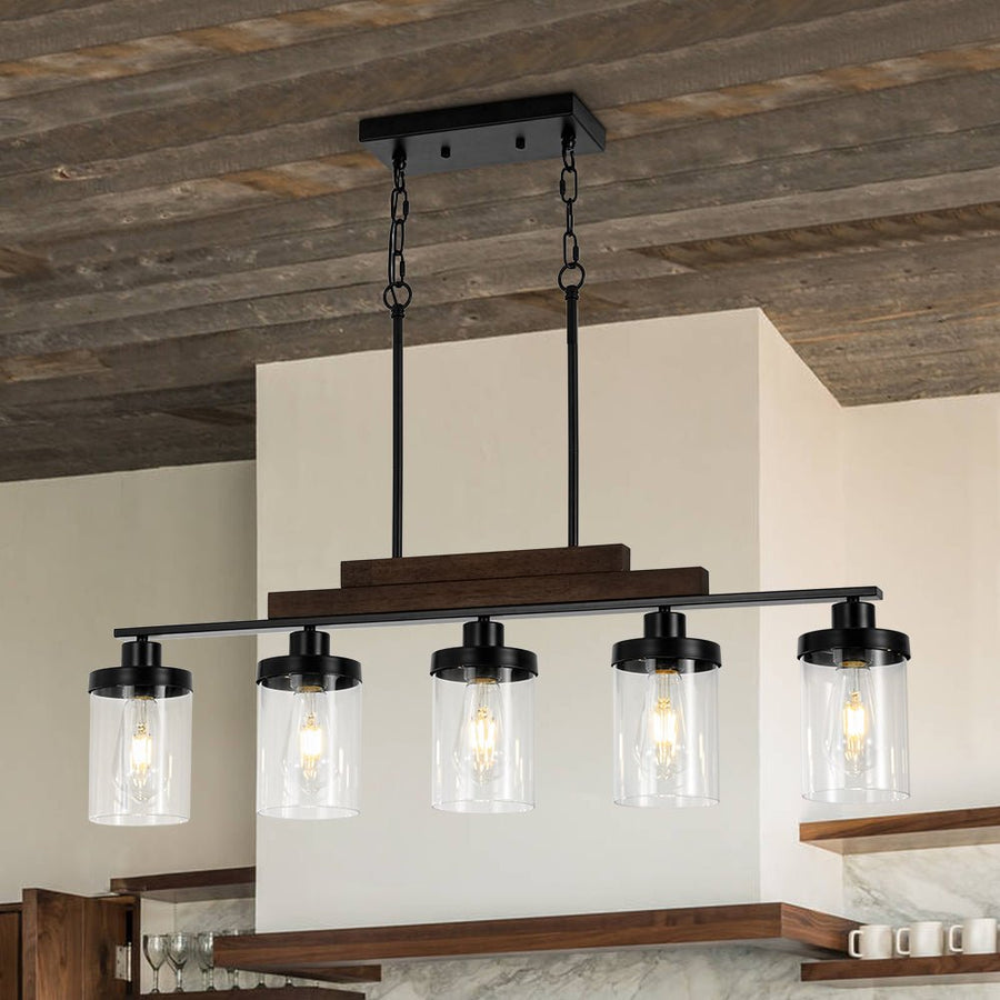 Farmhouze Light - Modern 5 - Light Glass Shade Linear Island Pendant / Semi Flush - Chandelier - Black - 