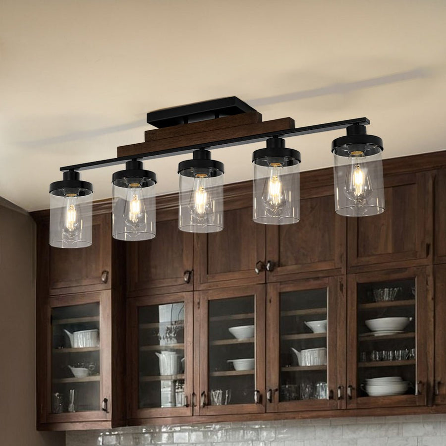 Farmhouze Light - Modern 5 - Light Glass Shade Linear Island Pendant / Semi Flush - Chandelier - Black - 