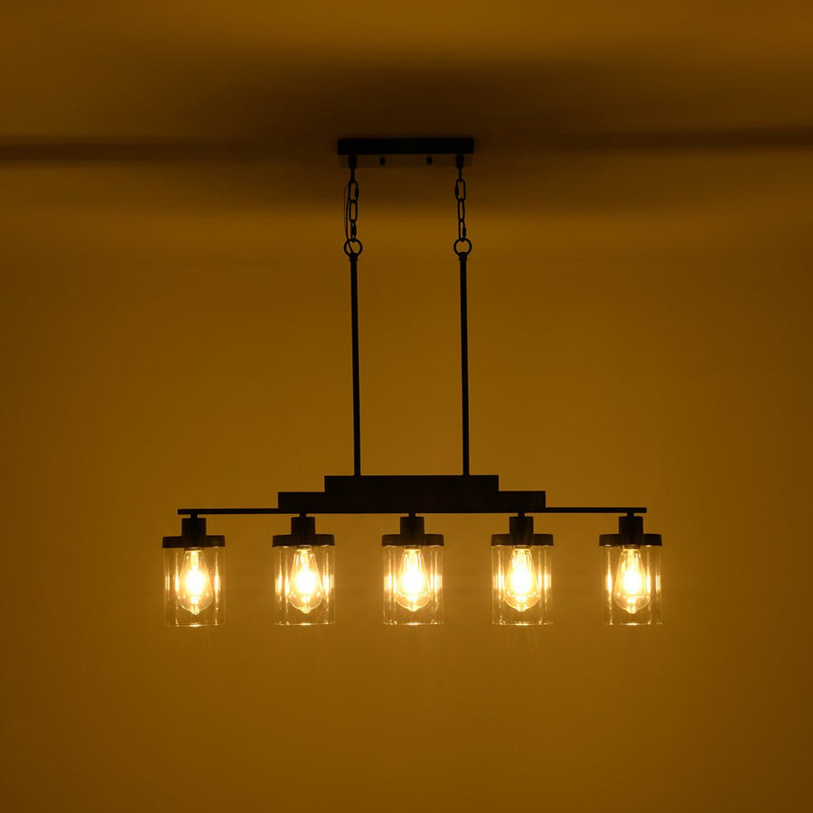 Farmhouze Light - Modern 5 - Light Glass Shade Linear Island Pendant / Semi Flush - Chandelier - Black - 