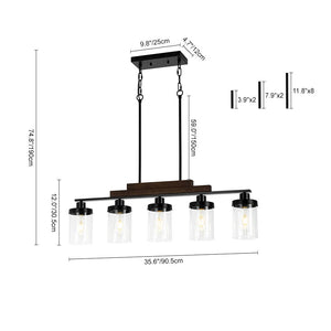 Farmhouze Light - Modern 5 - Light Glass Shade Linear Island Pendant / Semi Flush - Chandelier - Black - 